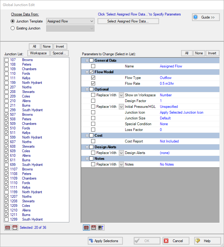 The Global Junction Edit tool being used to change the flows to each house.